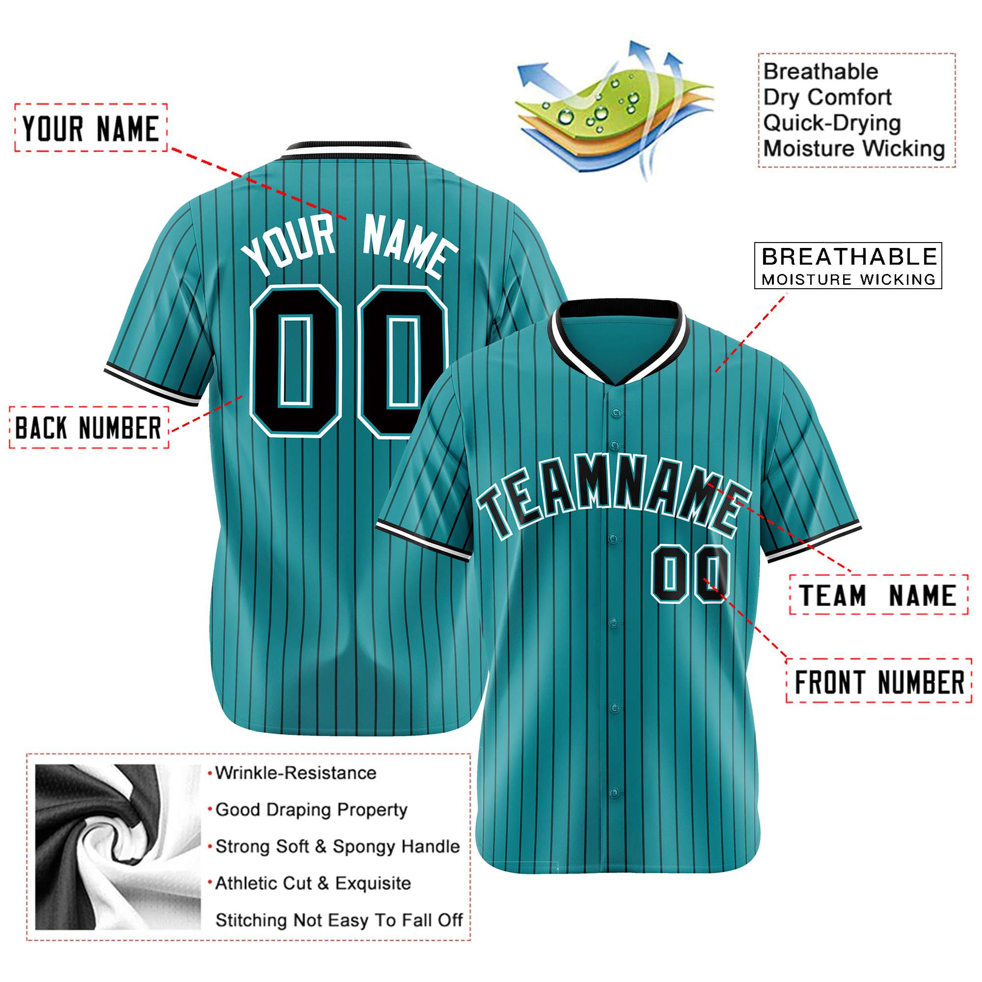 Custom Aqua Black Pinstripe Black-White Authentic Baseball Jersey