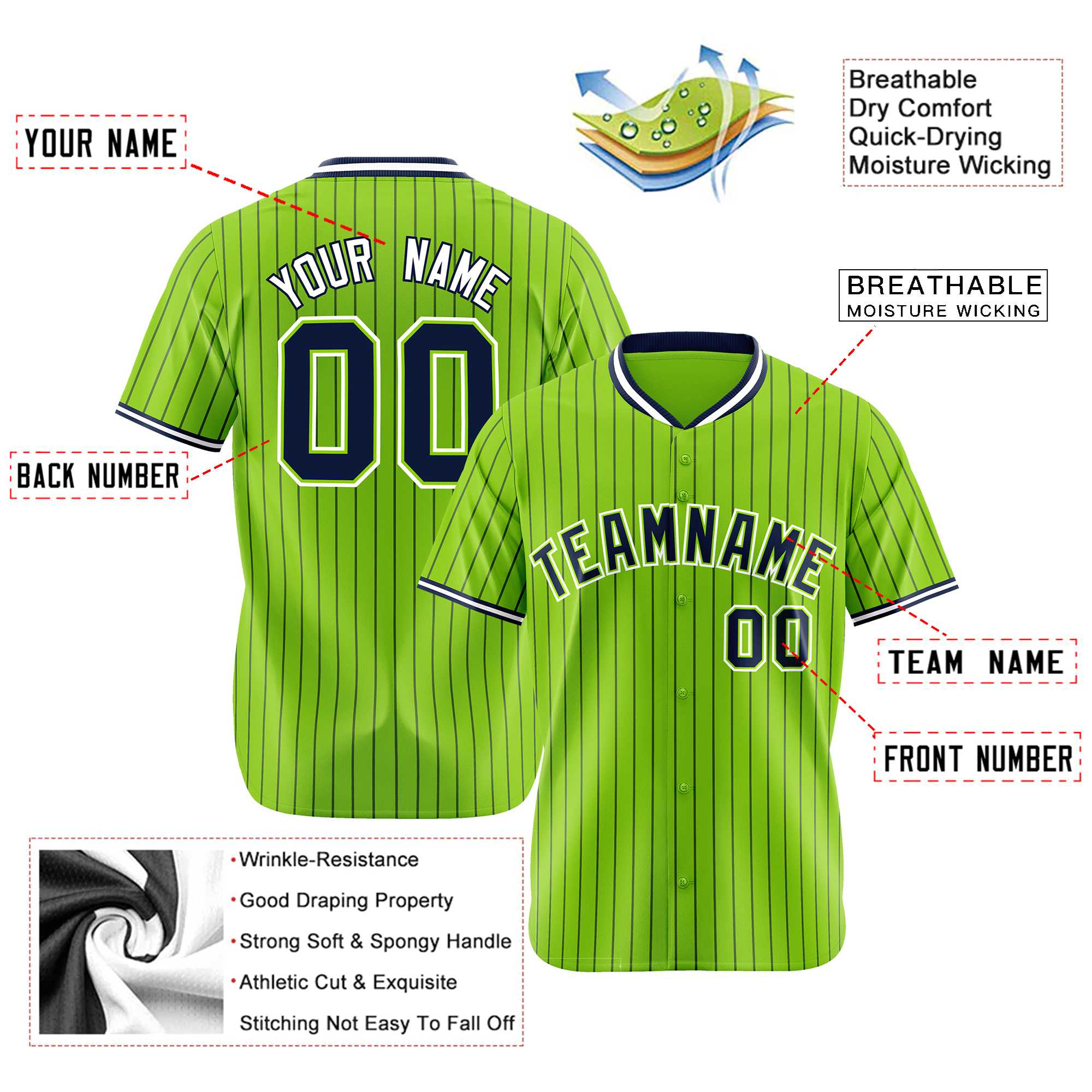 Custom Neon Green Navy Pinstripe Navy-White Authentic Baseball Jersey