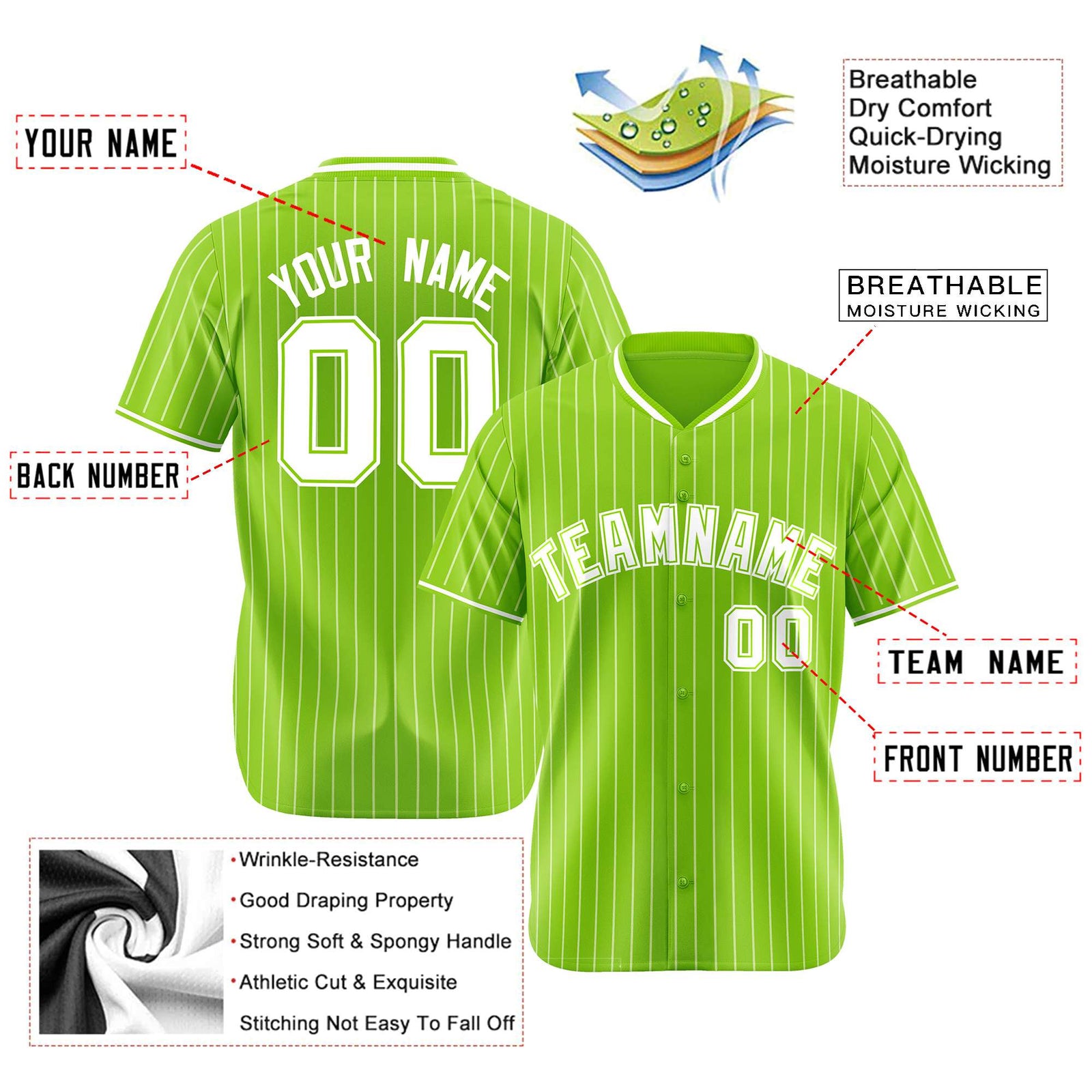 Custom Neon Green White Pinstripe White Neon-Green Authentic Baseball Jersey