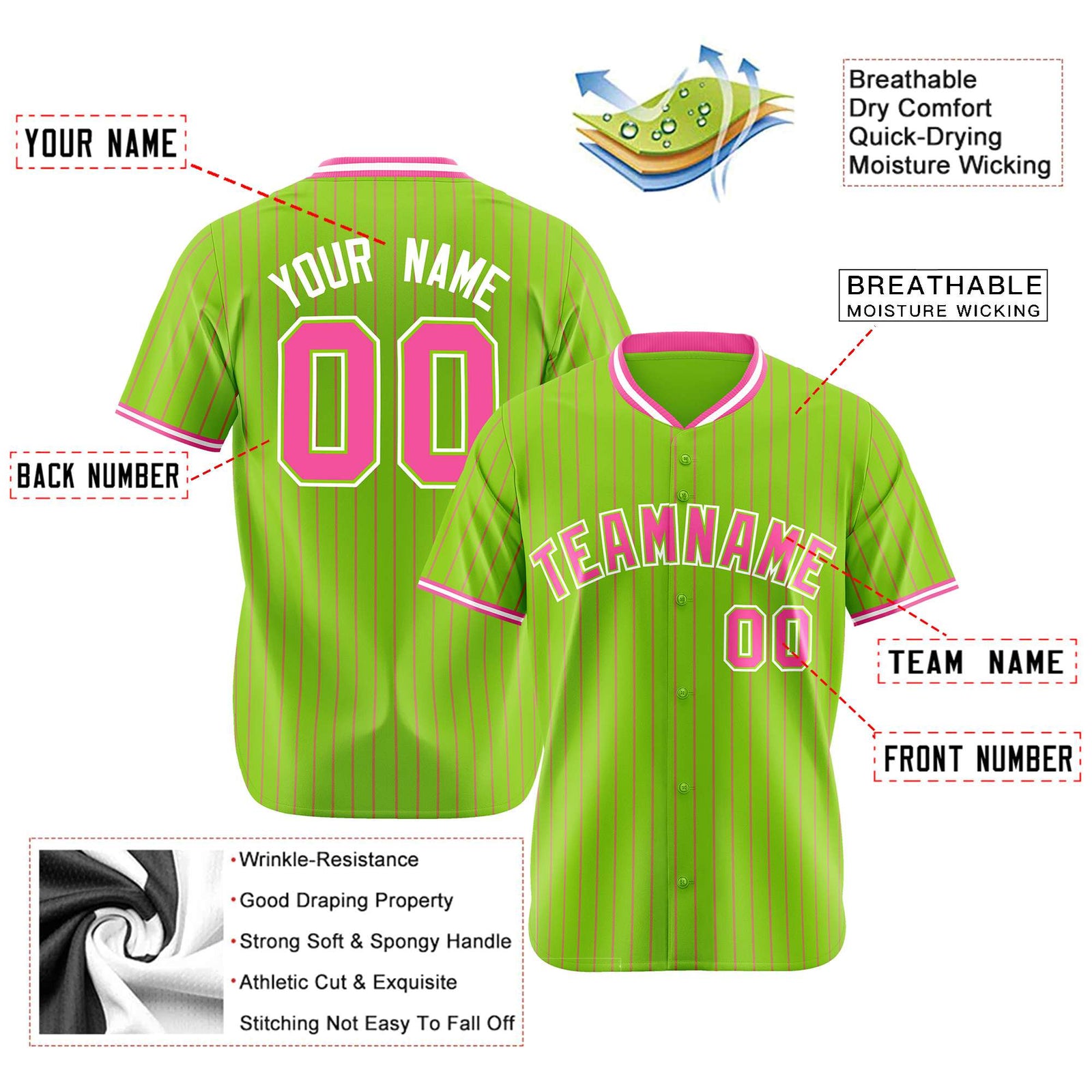 Custom Neon Green Pink Pinstripe Pink-White Authentic Baseball Jersey
