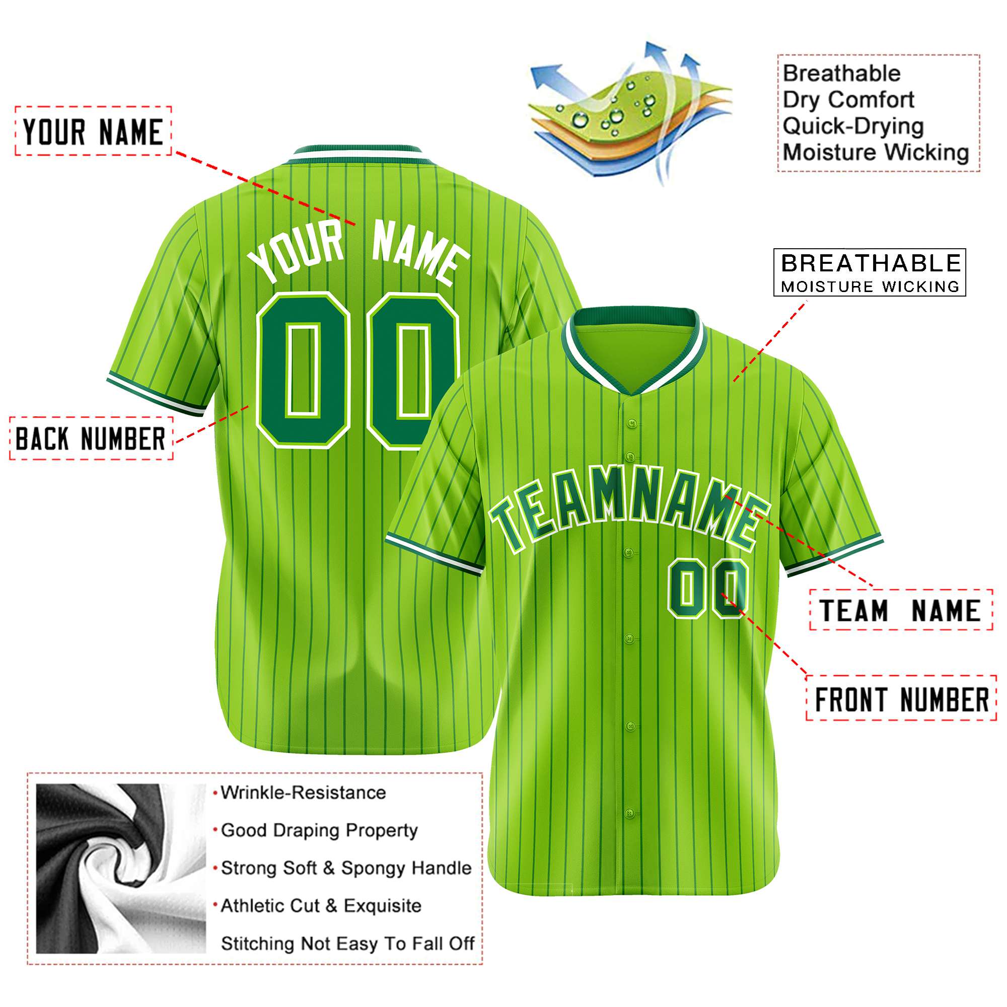 Custom Neon Green Kelly-Green Pinstripe Kelly-Green White Authentic Baseball Jersey