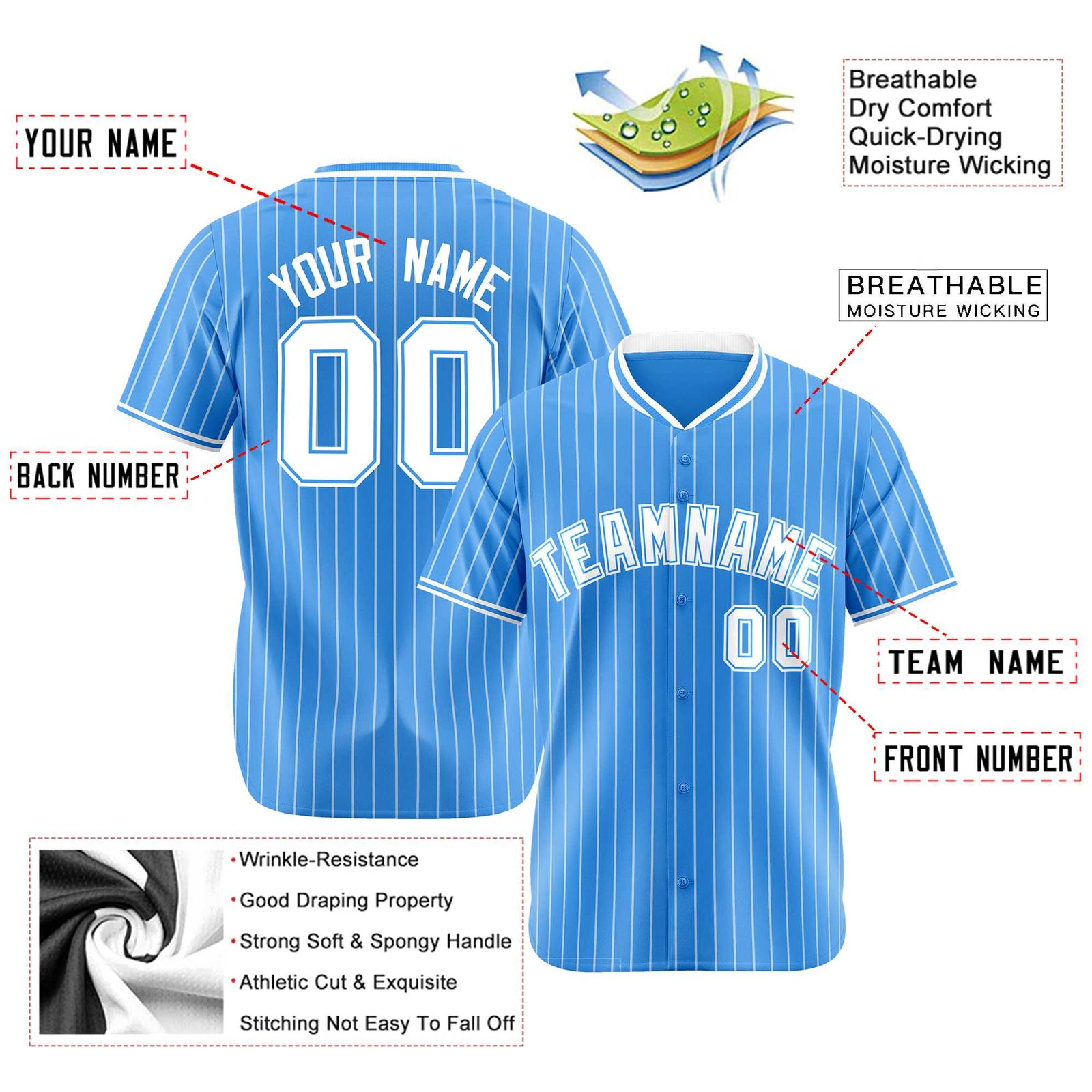 Custom Sky Blue White Pinstripe White Sky-Blue Authentic Baseball Jersey