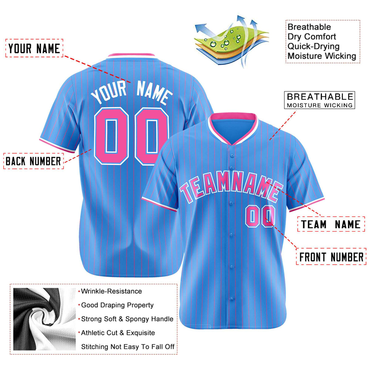 Custom Sky Blue Pink Pinstripe Pink-White Authentic Baseball Jersey