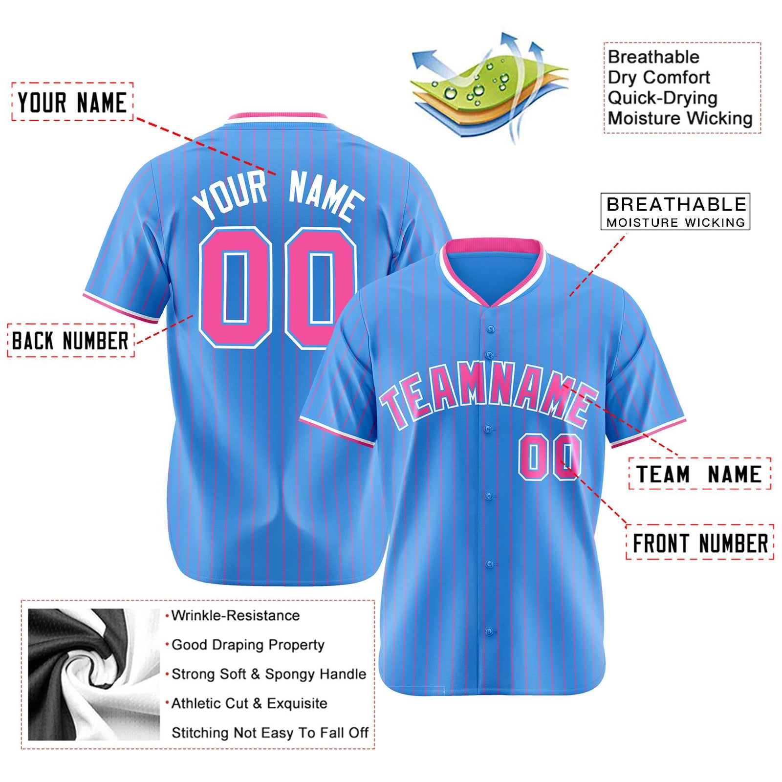 Custom Sky Blue Pink Pinstripe Pink-White Authentic Baseball Jersey