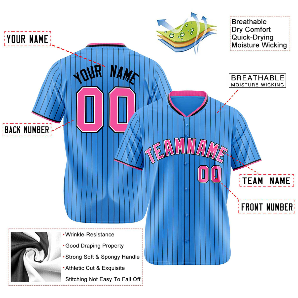 Custom Sky Blue Black Pinstripe Pink-White Authentic Baseball Jersey