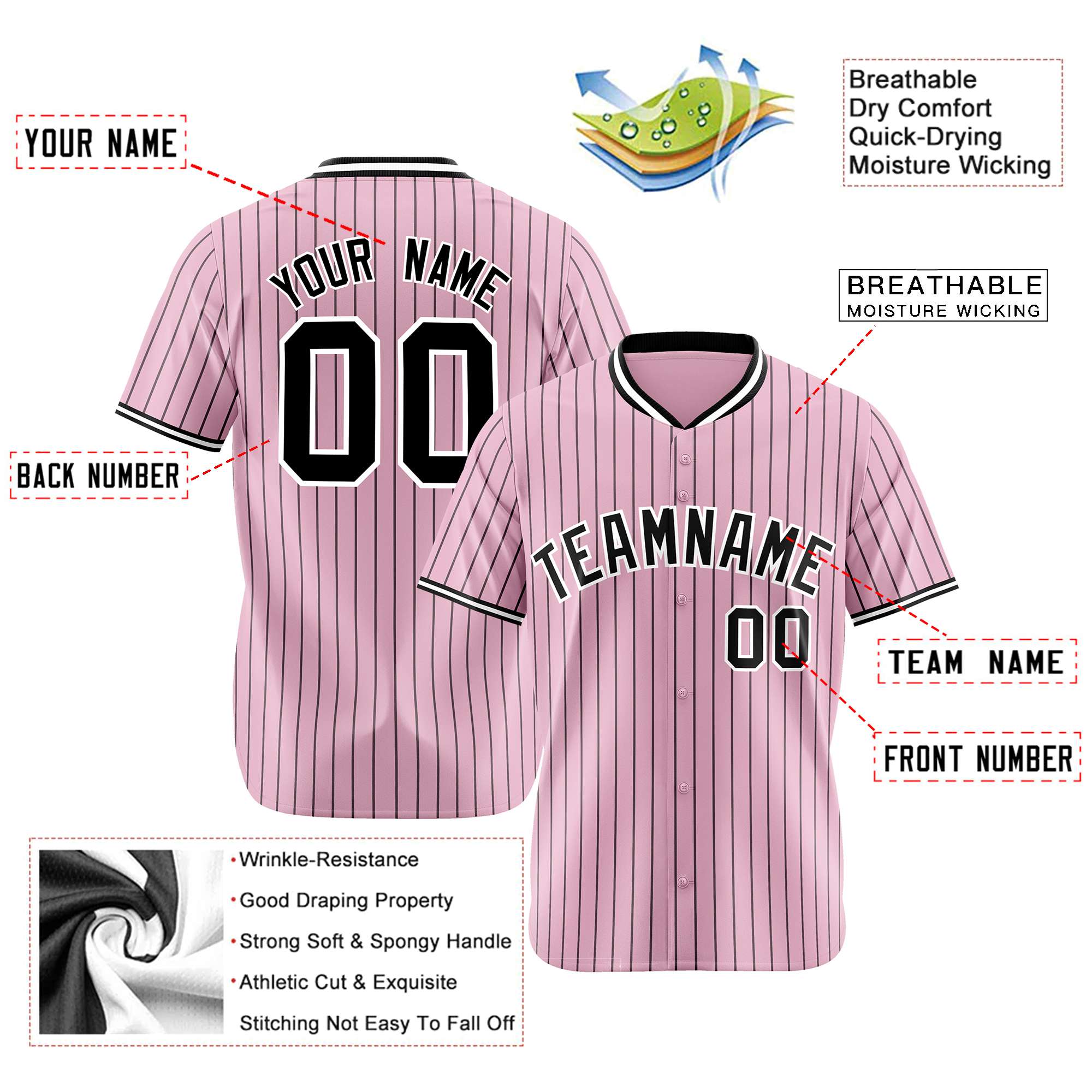 Custom Pink Black Pinstripe Black-White Authentic Baseball Jersey