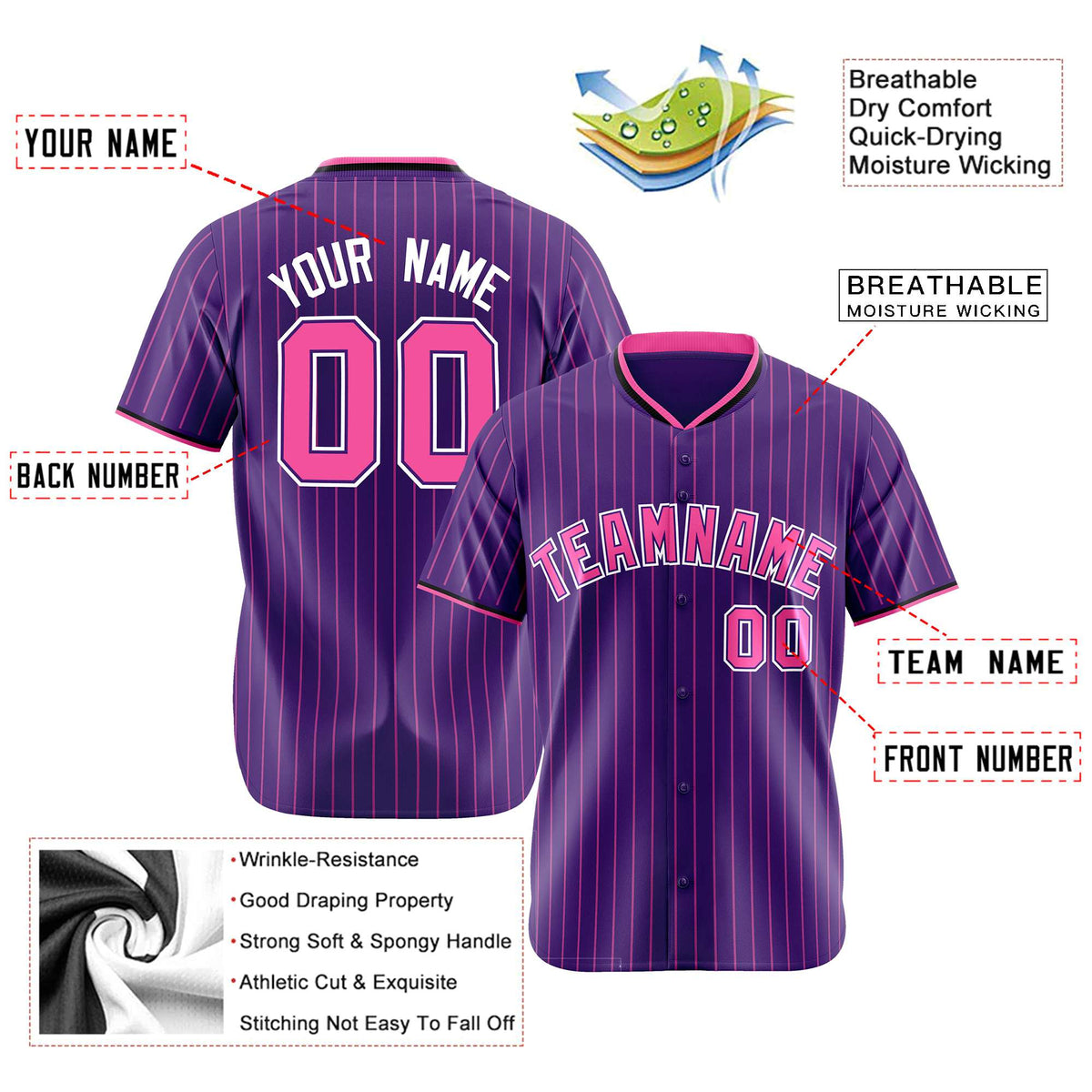 Custom Purple Pink Pinstripe Pink-White Authentic Baseball Jersey