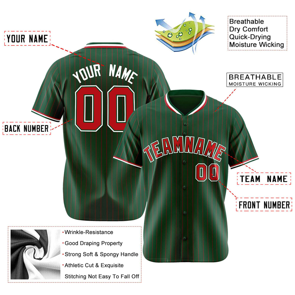 Custom Midnight Green Red Pinstripe Red-White Authentic Baseball Jersey