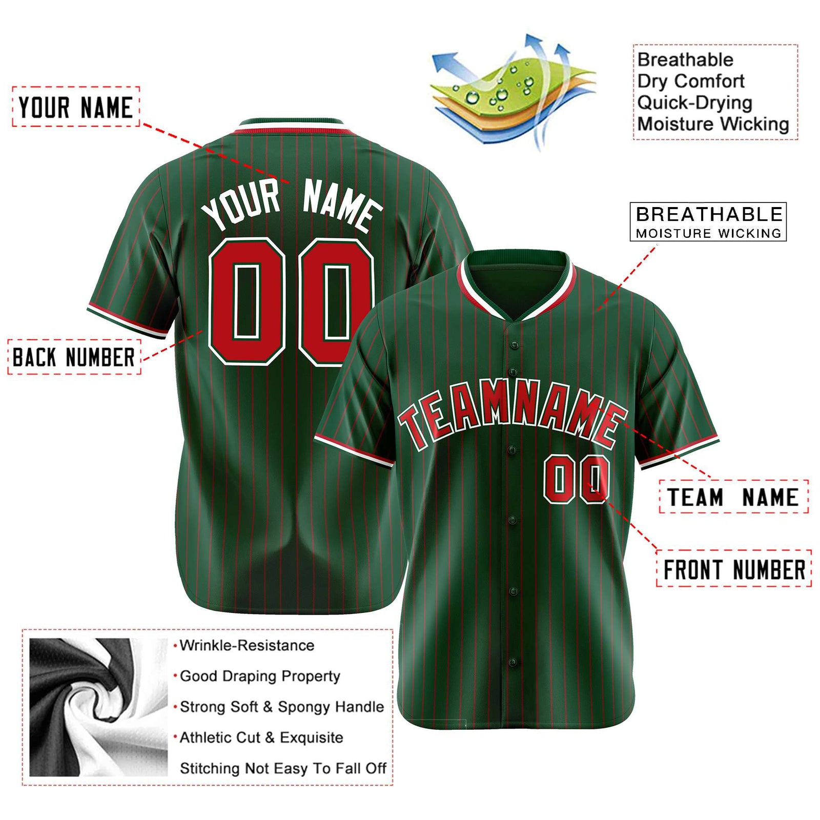 Custom Midnight Green Red Pinstripe Red-White Authentic Baseball Jersey