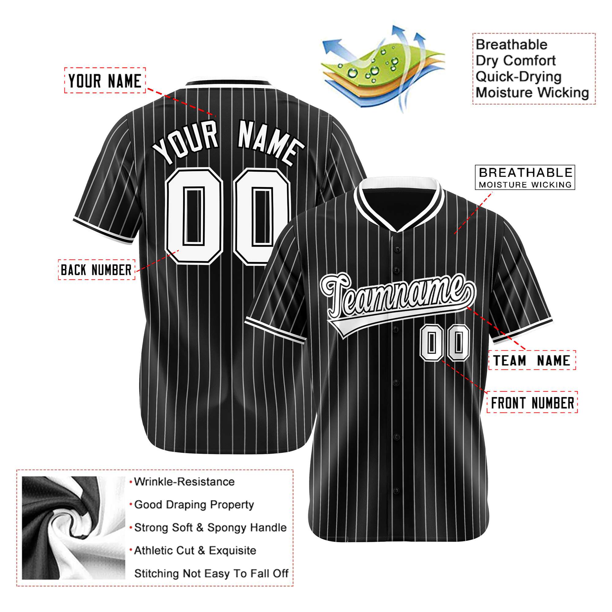 Custom Black White Pinstripe Black-White Authentic Baseball Jersey