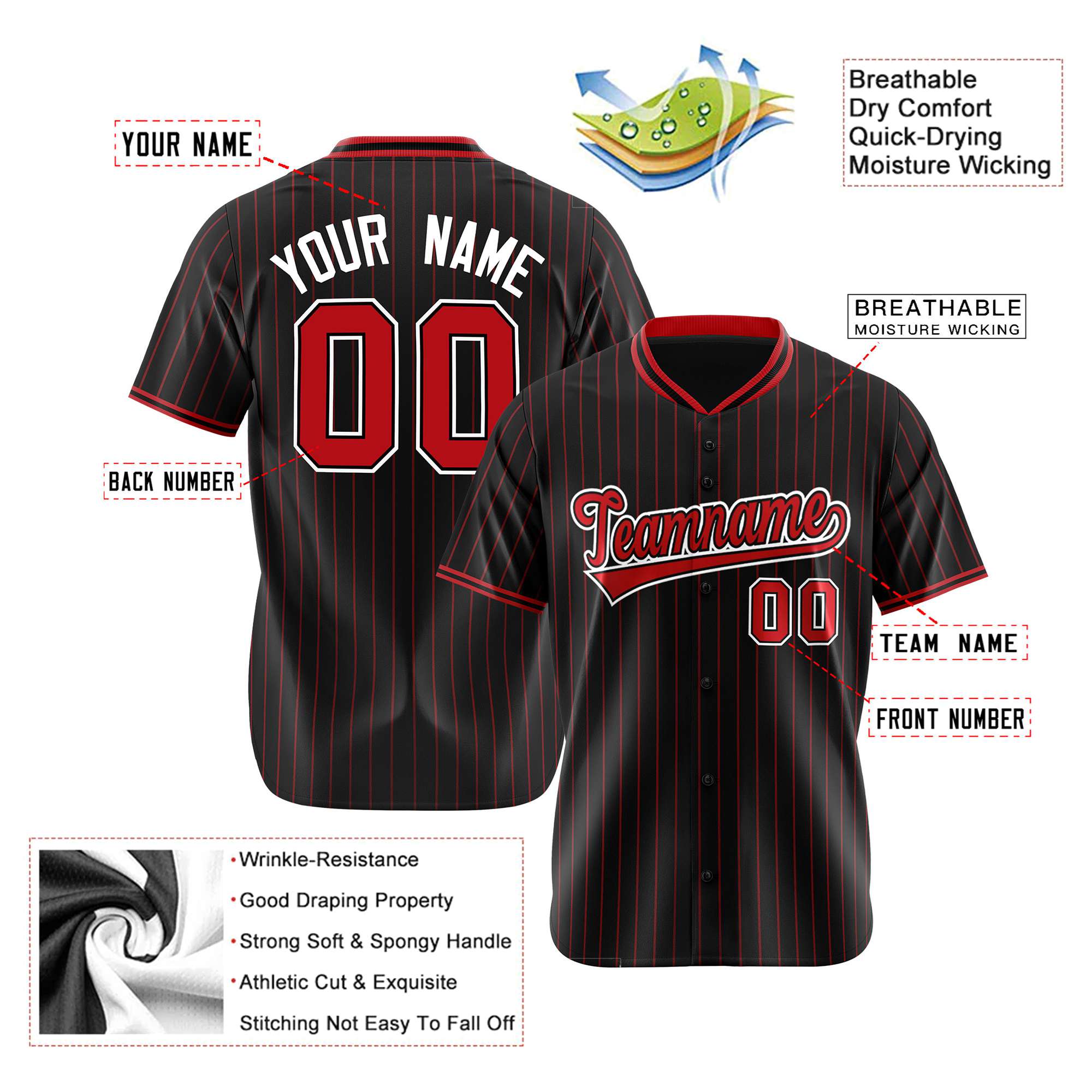 Custom Black Red Pinstripe Red-White Authentic Baseball Jersey