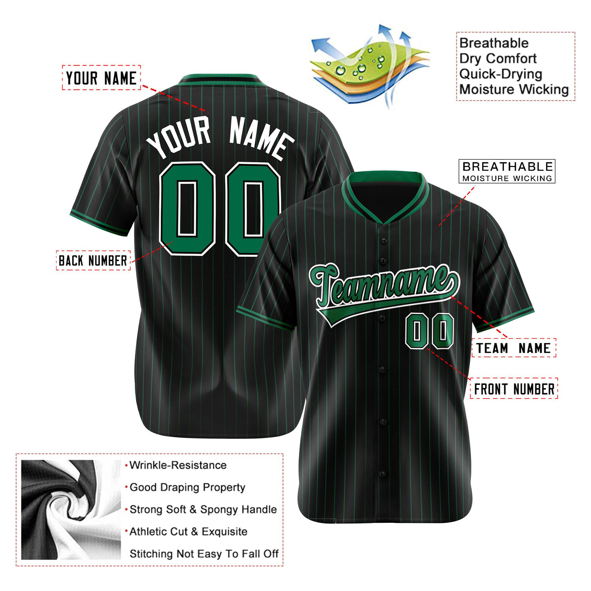 Custom Black Green Pinstripe Green-White Authentic Baseball Jersey