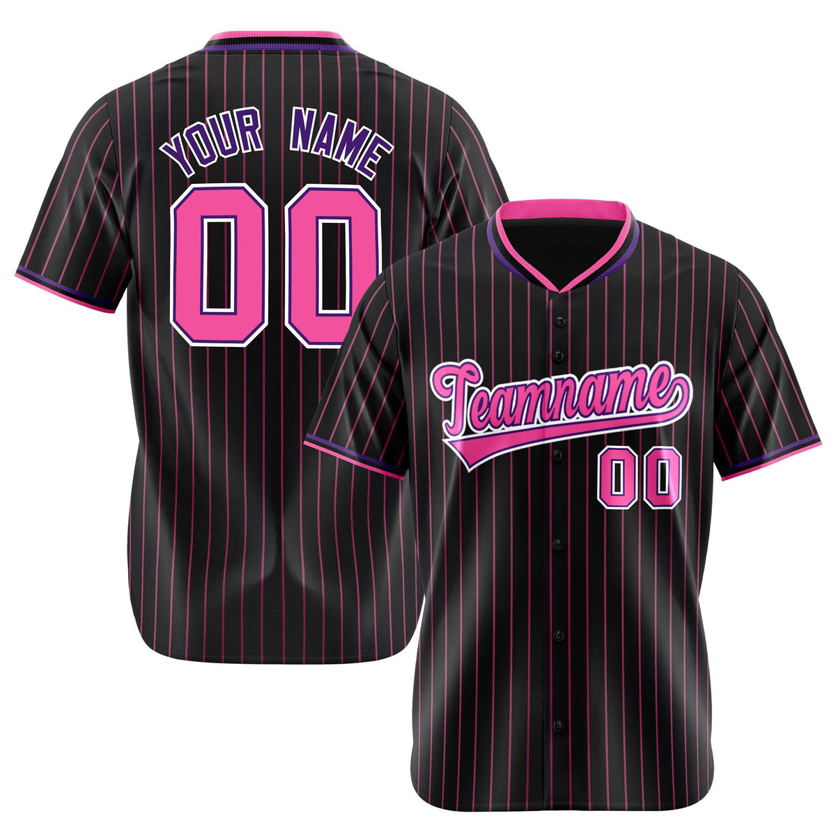 Custom Black Pink Pinstripe Pink-Purple Authentic Baseball Jersey