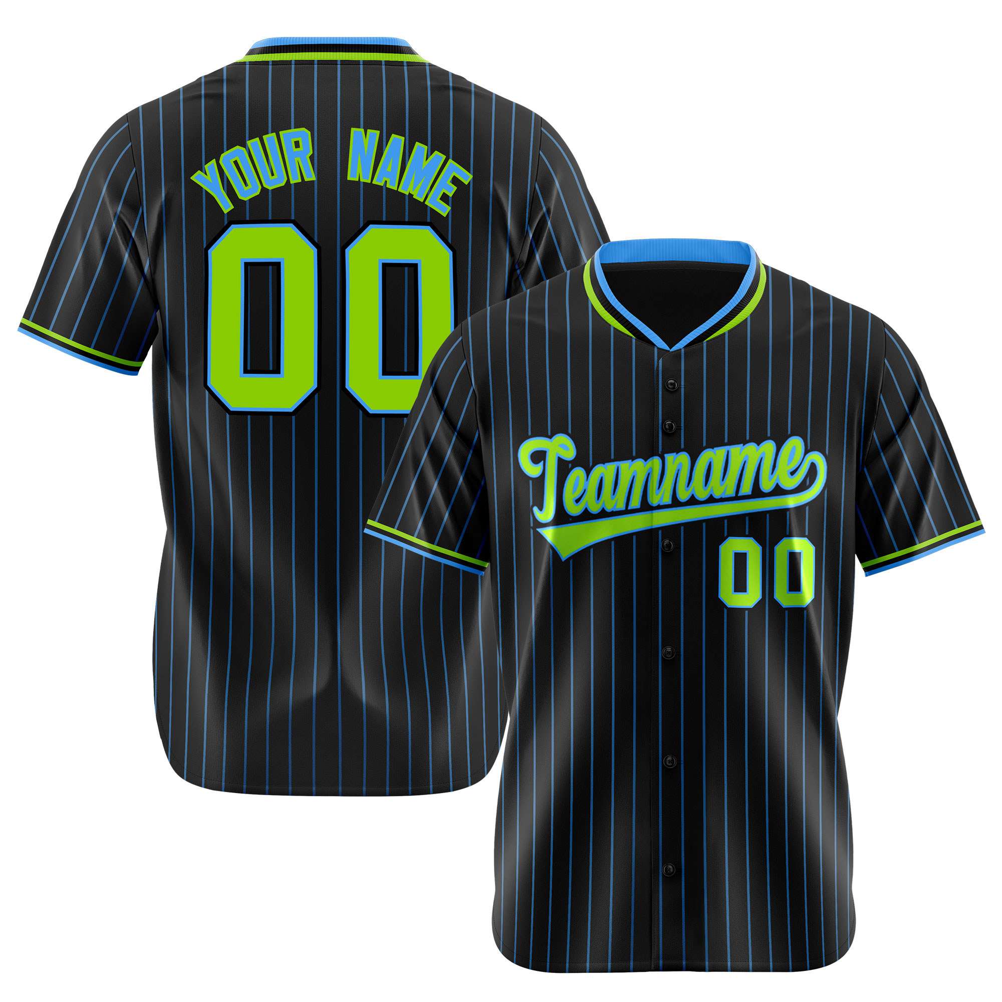 Custom Black Blue Pinstripe Neon-Green Blue Authentic Baseball Jersey