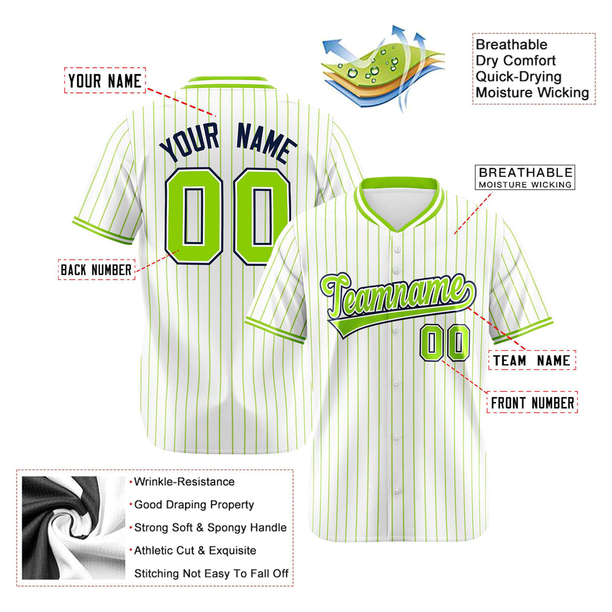 Custom White Neon-Green Pinstripe White Neon-Green Black Authentic Baseball Jersey