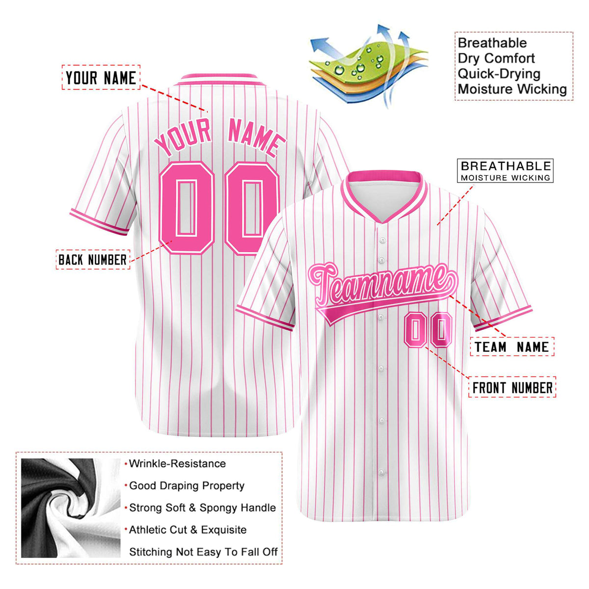 Custom White Pink Pinstripe White-Pink Authentic Baseball Jersey