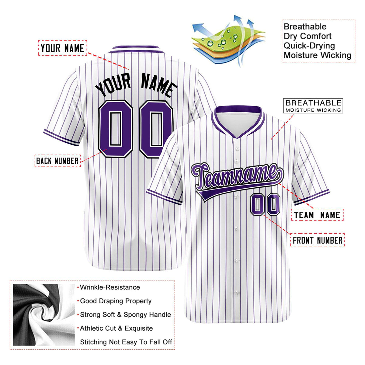 Custom White Purple Pinstripe White-Purple Black Authentic Baseball Jersey