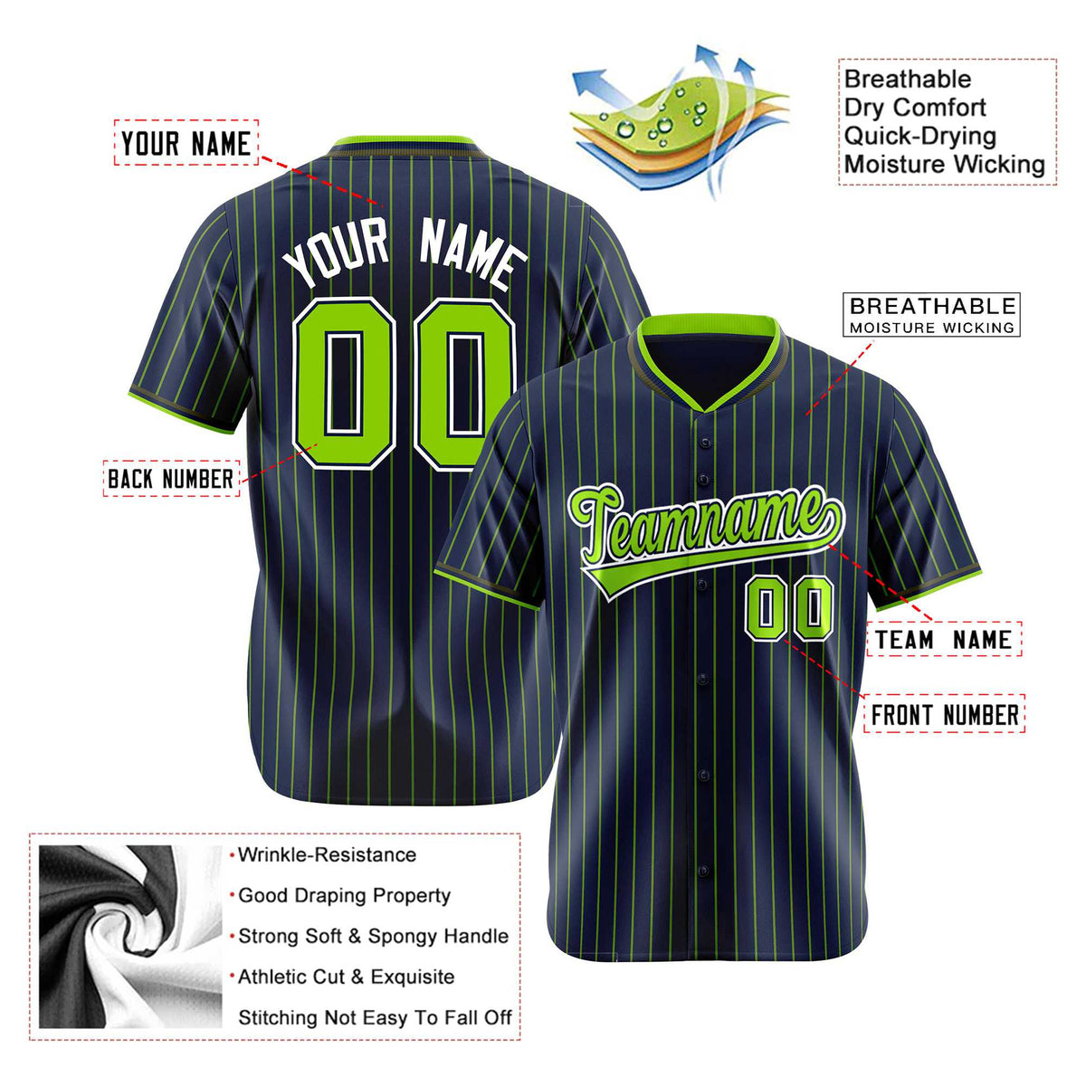 Custom Navy Neon-Green Pinstripe Neon-Green White Authentic Baseball Jersey