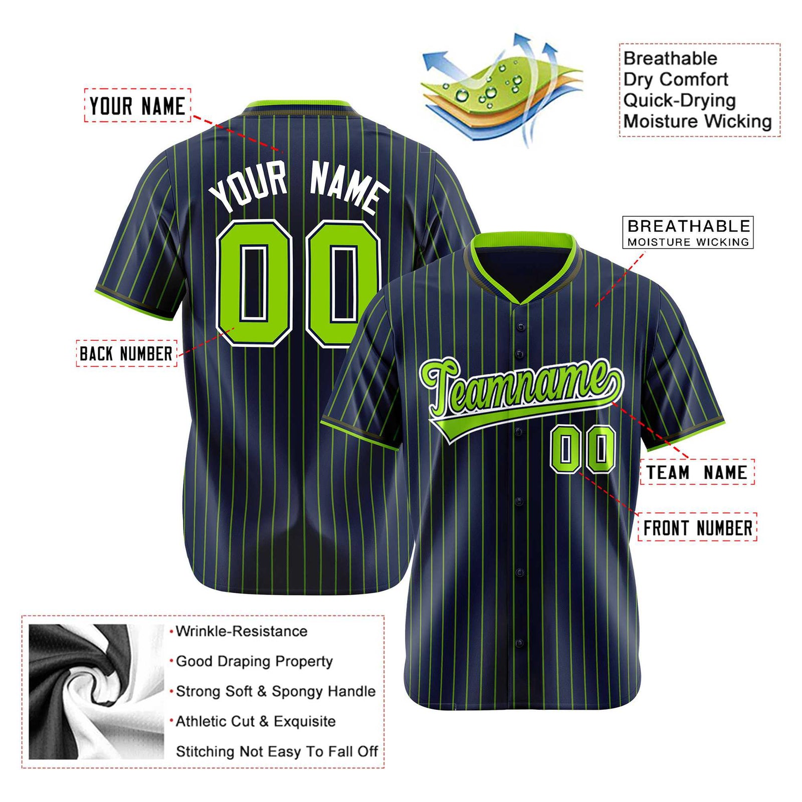 Custom Navy Neon-Green Pinstripe Neon-Green White Authentic Baseball Jersey