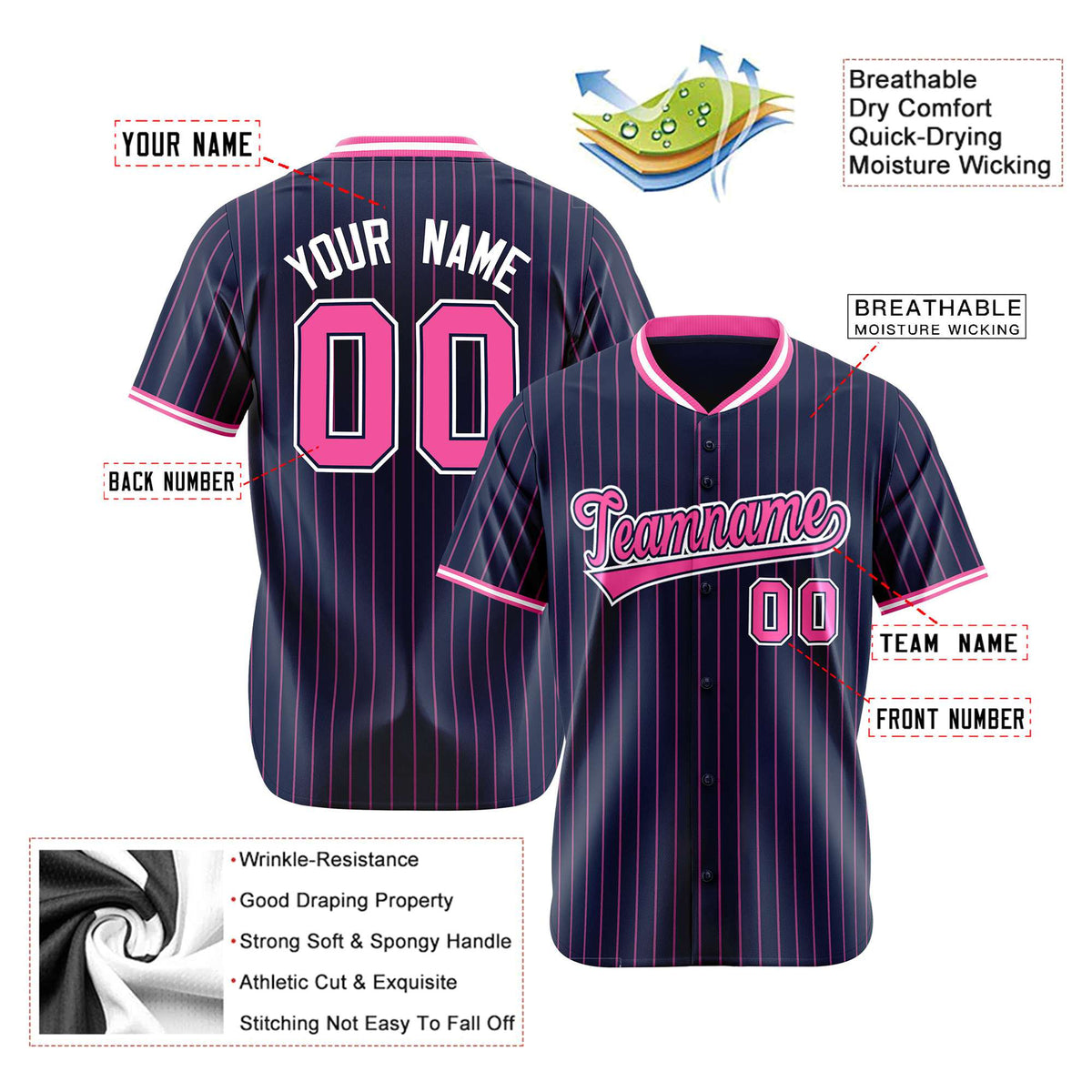 Custom Navy Pink Pinstripe Pink-White Authentic Baseball Jersey