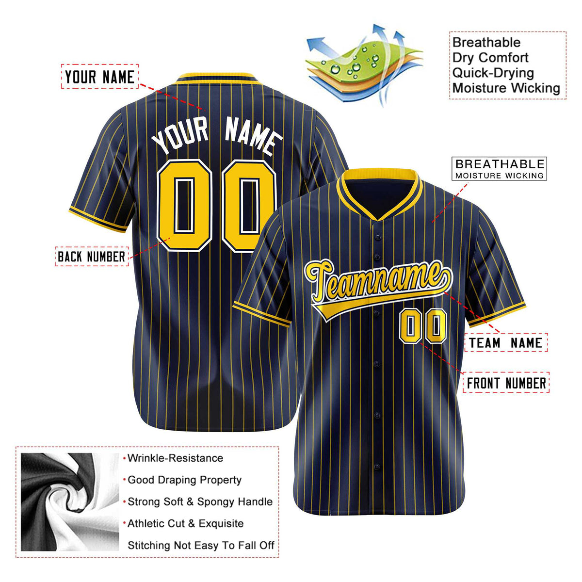 Custom Navy Yellow Pinstripe Yellow-White Authentic Baseball Jersey
