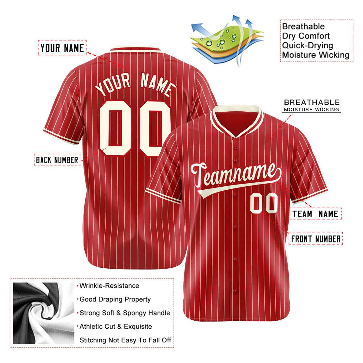 Custom Red Cream Pinstripe Cream-Red Authentic Baseball Jersey