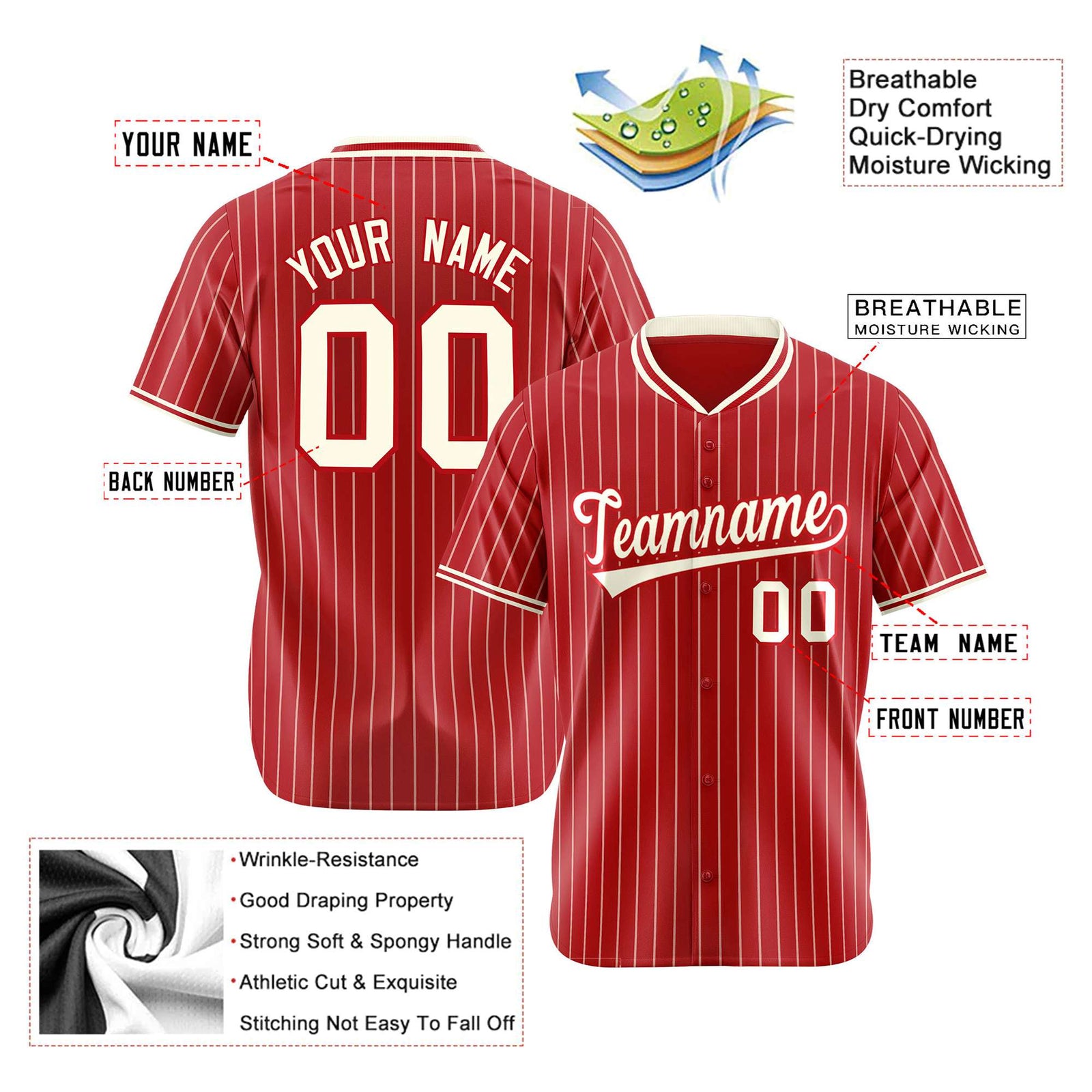 Custom Red Cream Pinstripe Cream-Red Authentic Baseball Jersey