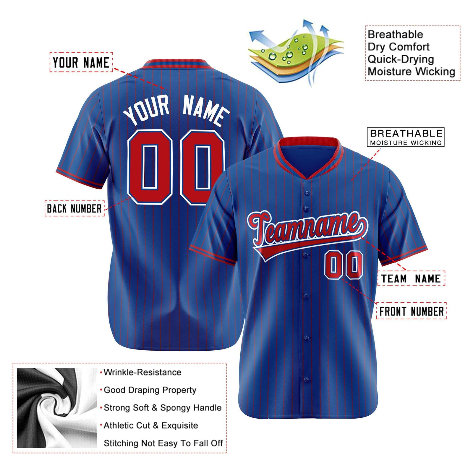Custom Blue Red Pinstripe Red-White Authentic Baseball Jersey