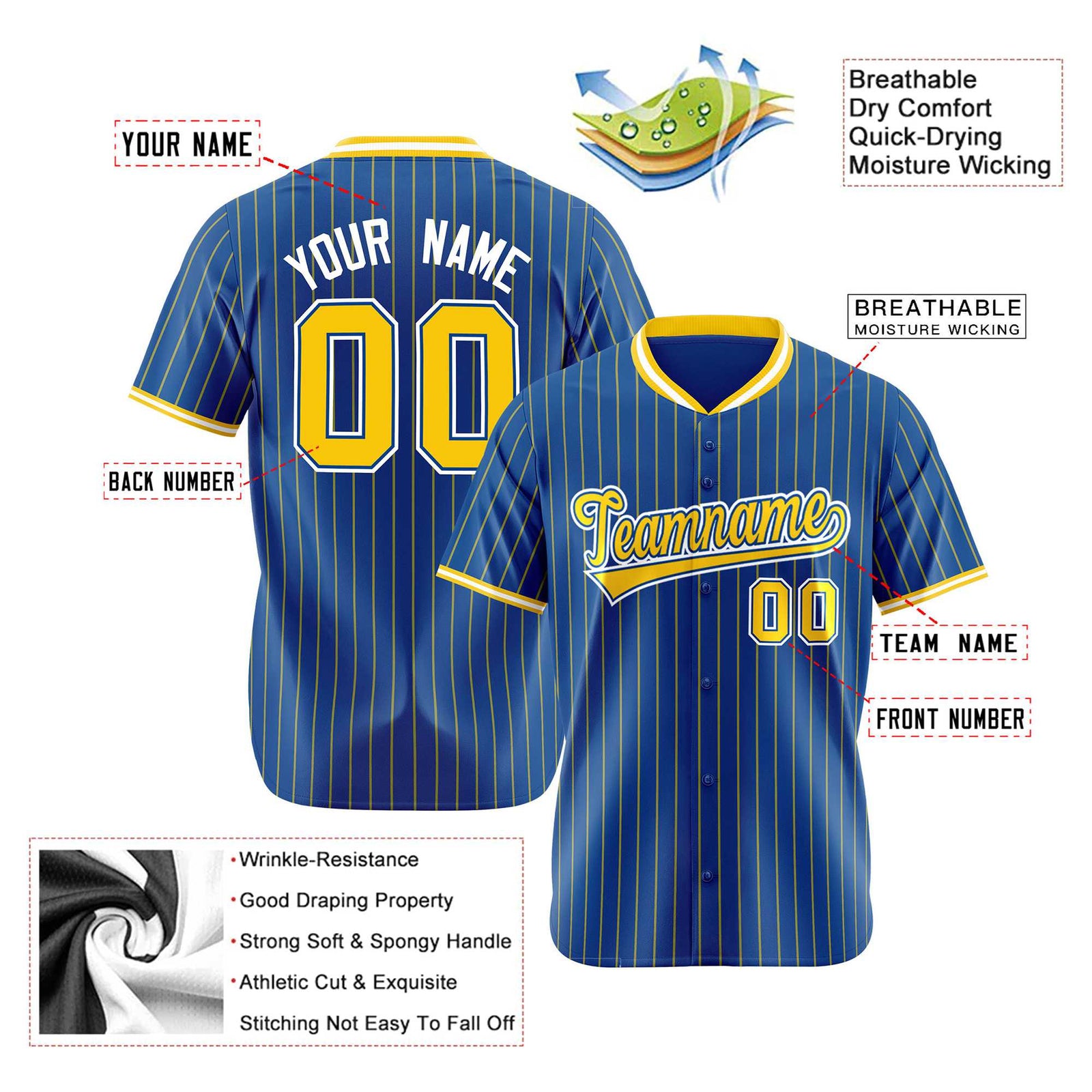 Custom Blue Yellow Pinstripe Yellow-White Authentic Baseball Jersey
