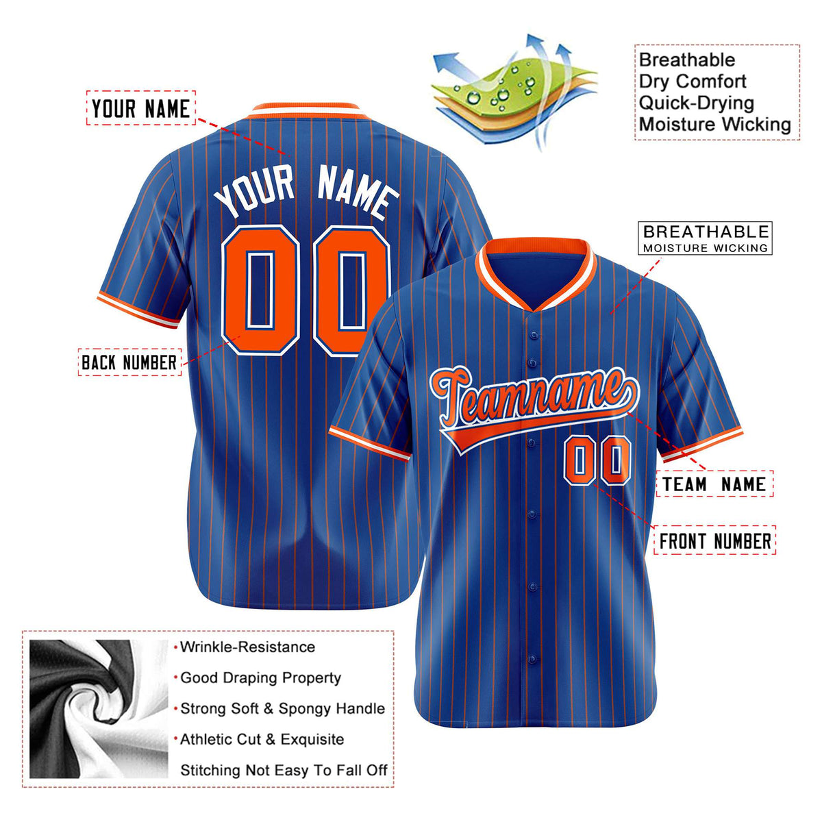 Custom Blue Orange Pinstripe Orange-White Authentic Baseball Jersey
