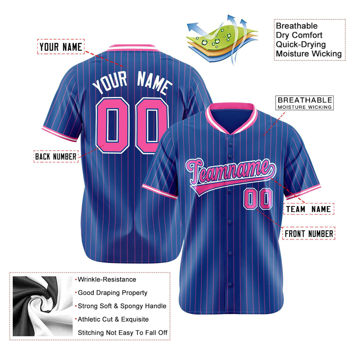 Custom Blue Pink Pinstripe Pink-White Authentic Baseball Jersey