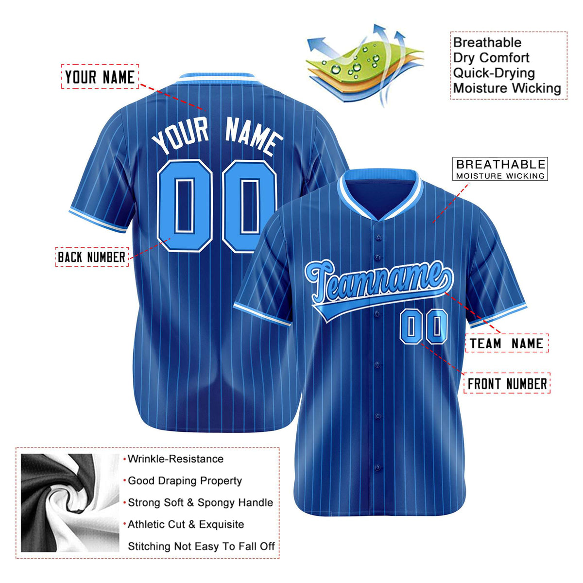 Custom Blue Light-Blue Pinstripe Light-Blue White Authentic Baseball Jersey