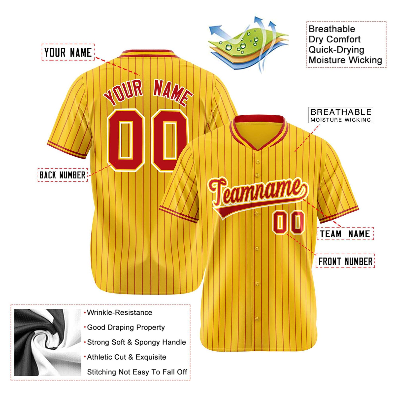 Custom Yellow Red Pinstripe Red-White Authentic Baseball Jersey