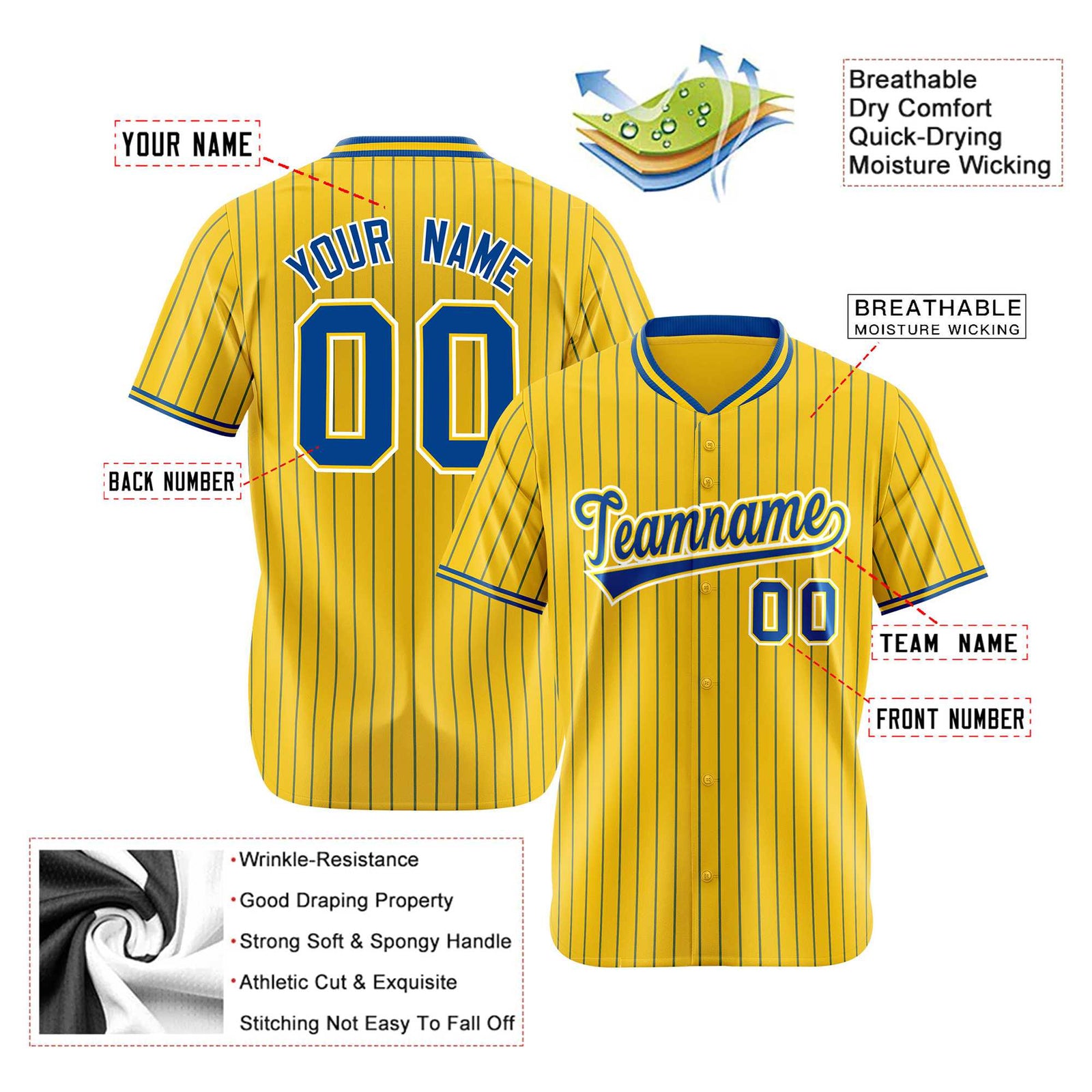 Custom Yellow Blue Pinstripe Blue-White Authentic Baseball Jersey