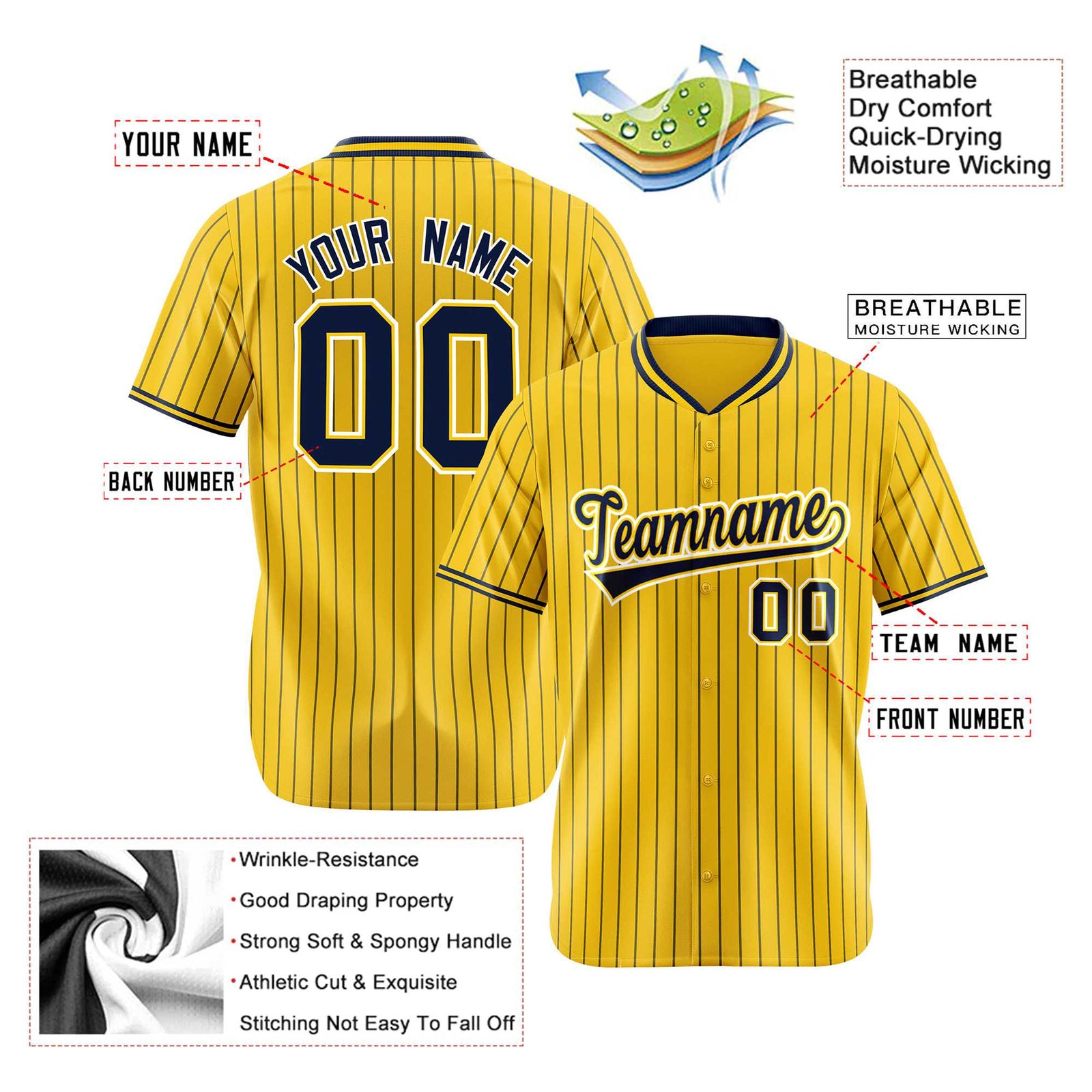 Custom Yellow Navy Pinstripe Navy-White Authentic Baseball Jersey