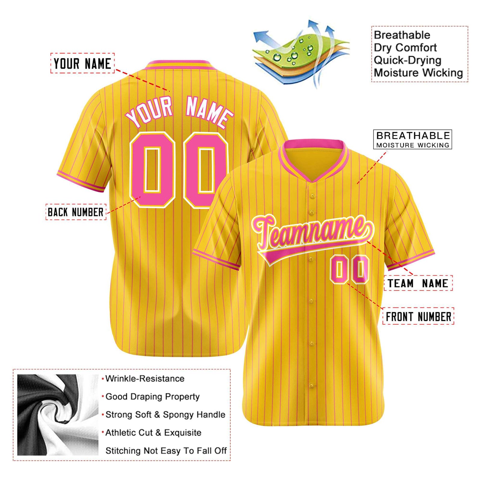 Custom Yellow Pink Pinstripe Pink-White Authentic Baseball Jersey