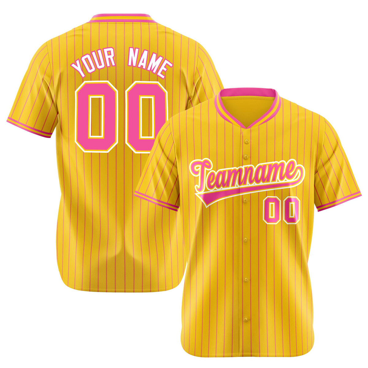 Custom Yellow Pink Pinstripe Pink-White Authentic Baseball Jersey