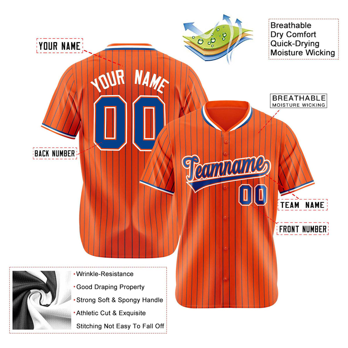 Custom Orange Blue Pinstripe Blue-White Authentic Baseball Jersey