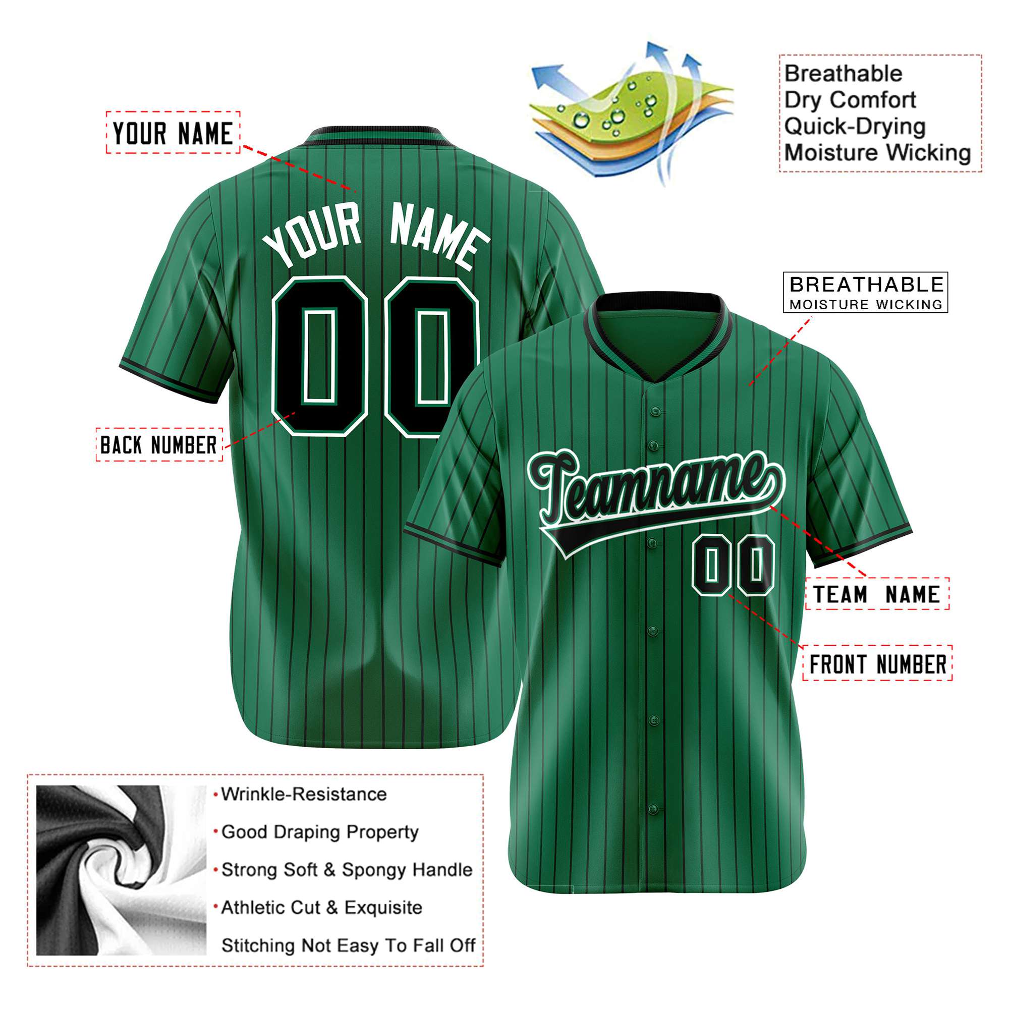 Custom Kelly Green Black Pinstripe Black-White Authentic Baseball Jersey