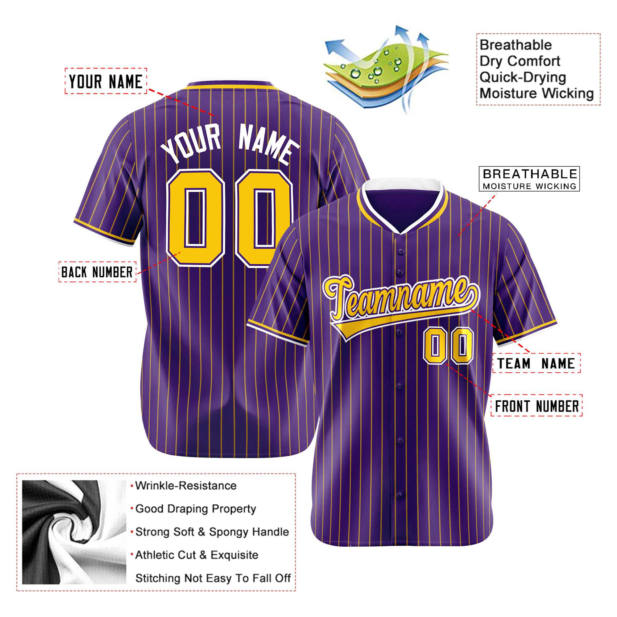 Custom Purple Yellow Pinstripe Yellow-White Authentic Baseball Jersey