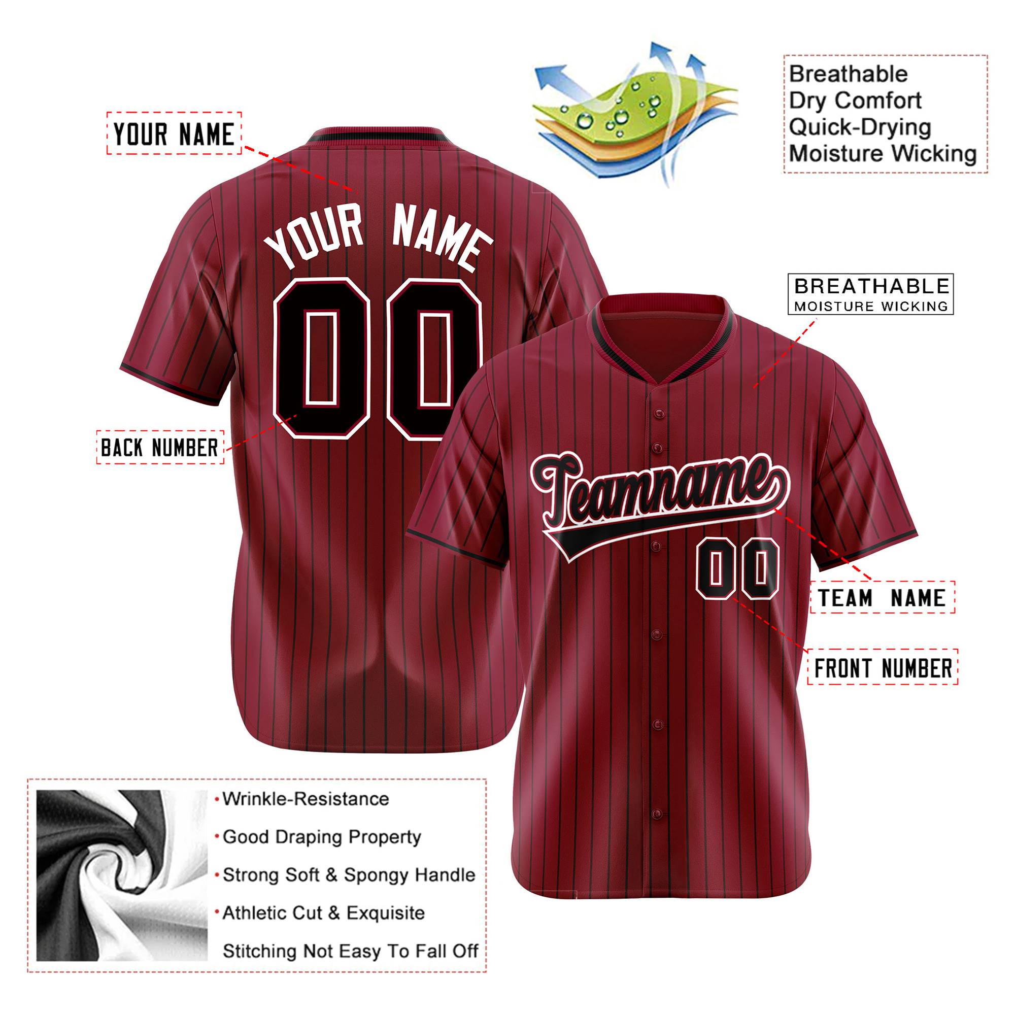 Custom Crimson Black Pinstripe Black-White Authentic Baseball Jersey