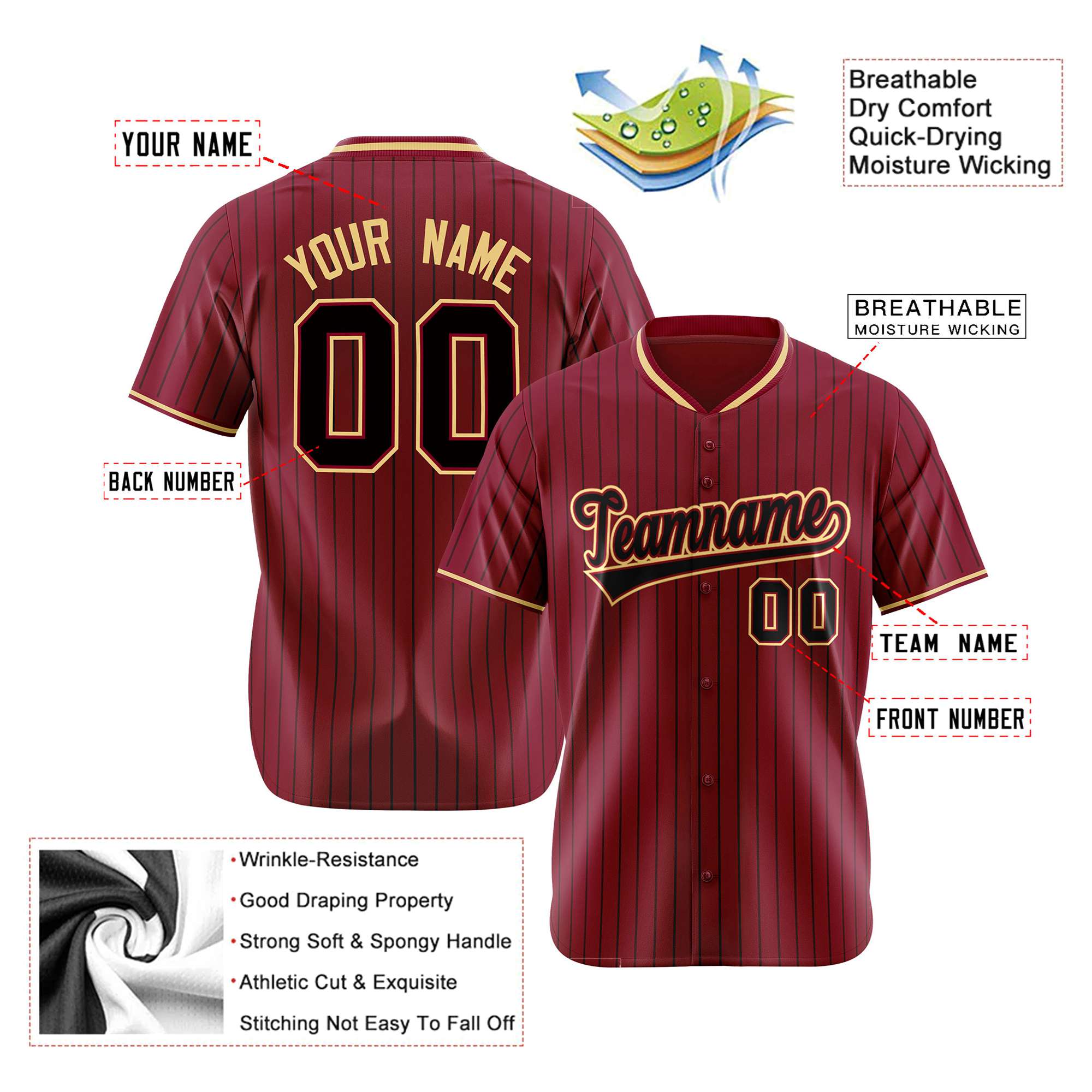 Custom Crimson Black Pinstripe Black Old-Gold Authentic Baseball Jersey