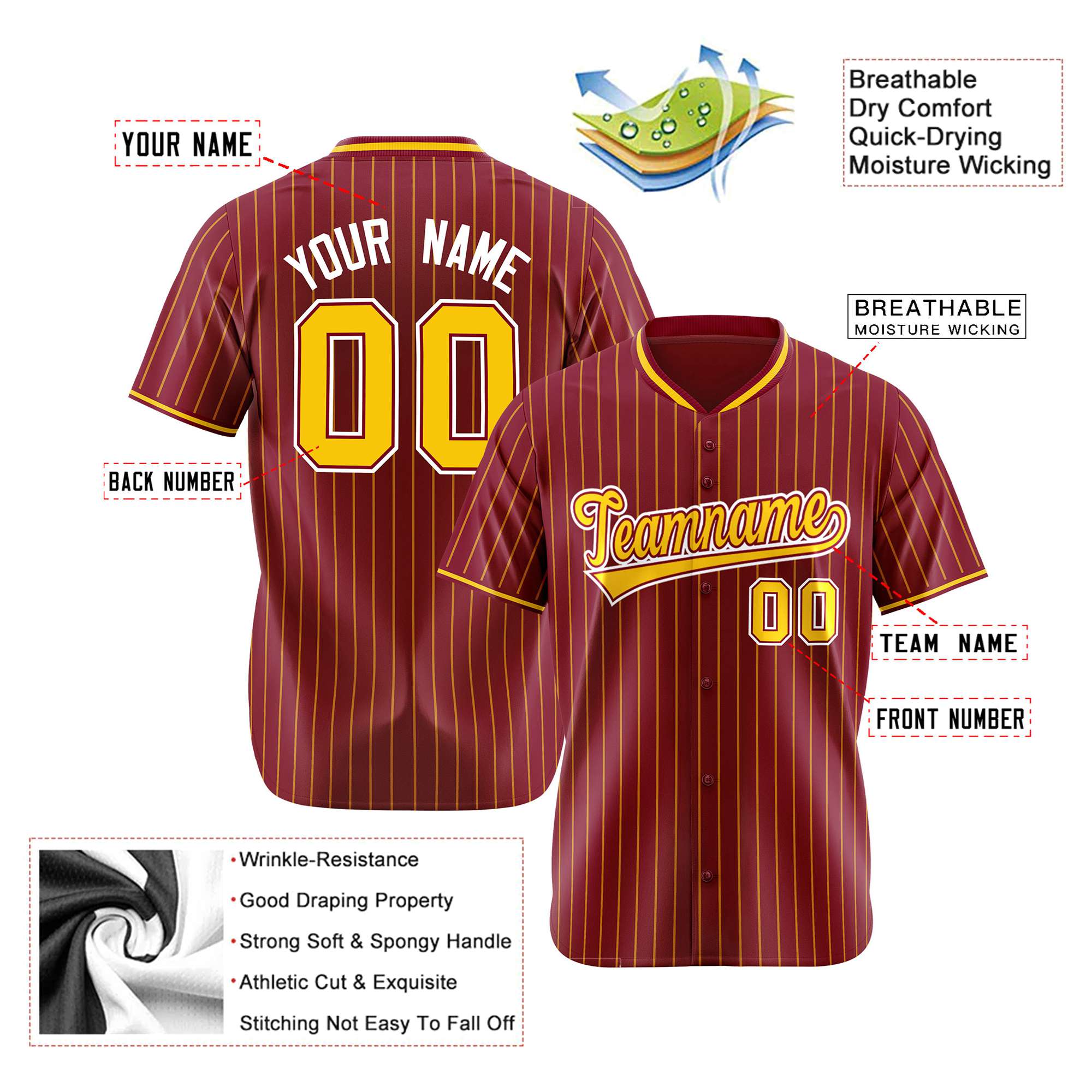 Custom Crimson Yellow Pinstripe Yellow-White Authentic Baseball Jersey