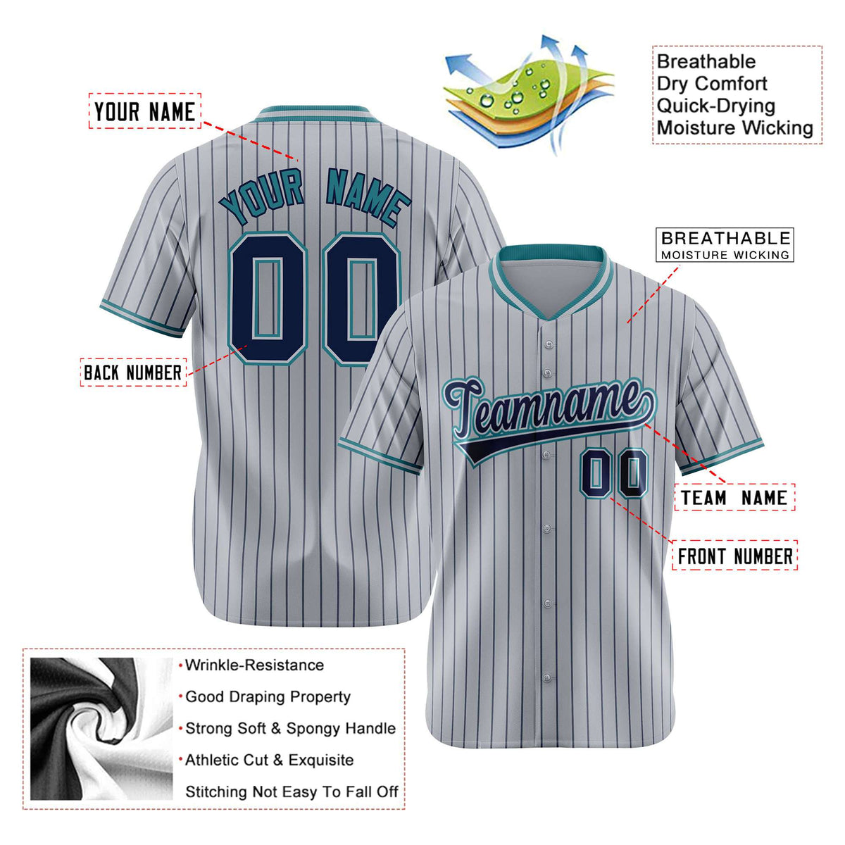Custom Gray Navy Pinstripe Navy-Aqua Authentic Baseball Jersey