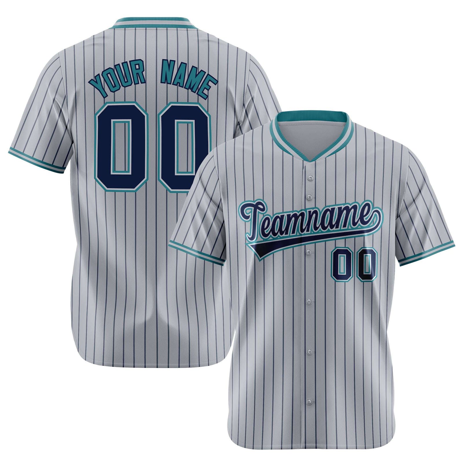 Custom Gray Navy Pinstripe Navy-Aqua Authentic Baseball Jersey