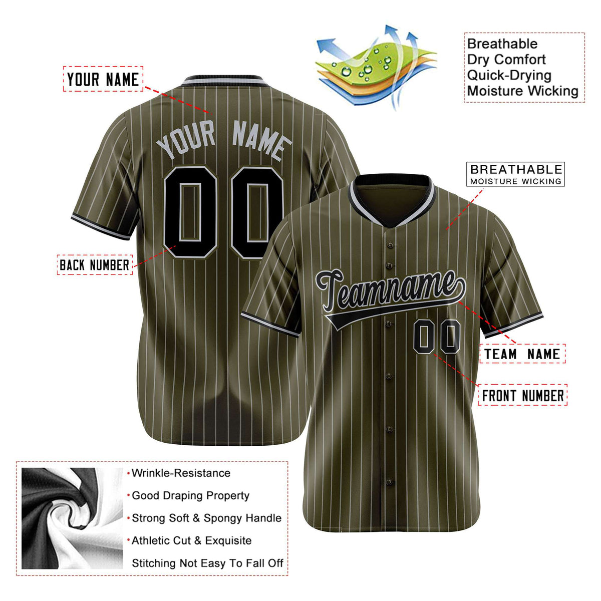 Custom Olive Black Pinstripe Black-Gray Authentic Baseball Jersey