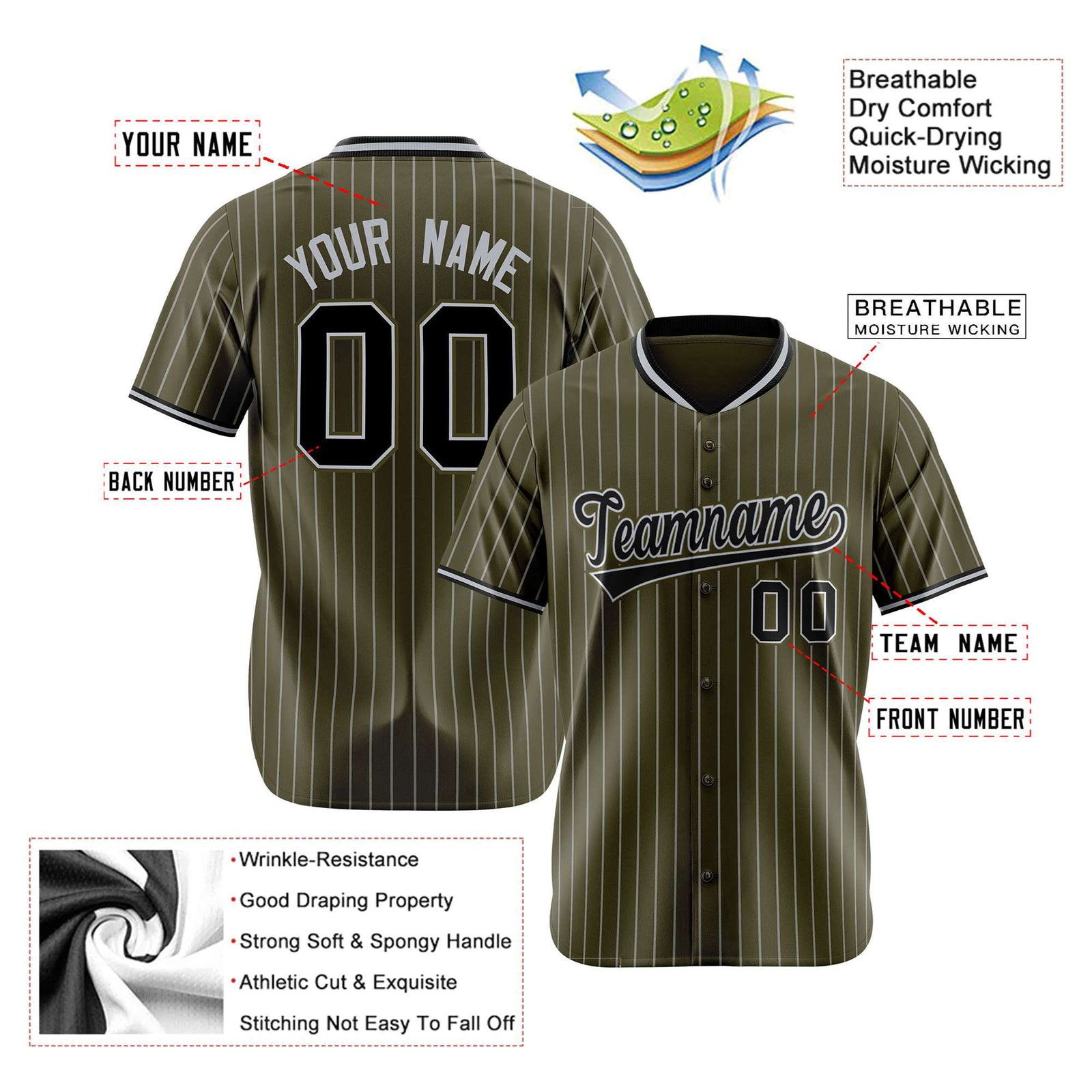 Custom Olive Black Pinstripe Black-Gray Authentic Baseball Jersey