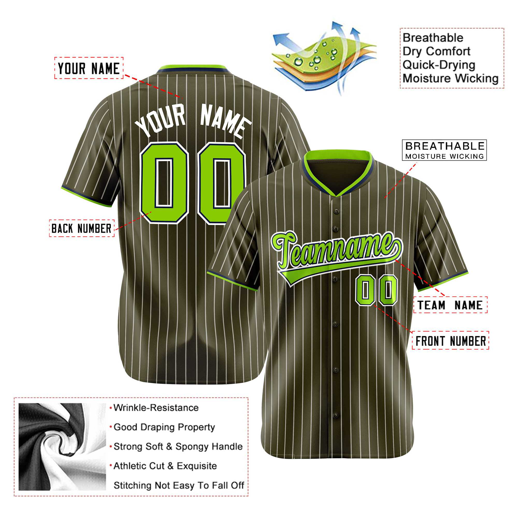 Custom Olive Neon-Green Pinstripe Neon-Greenv White Authentic Baseball Jersey