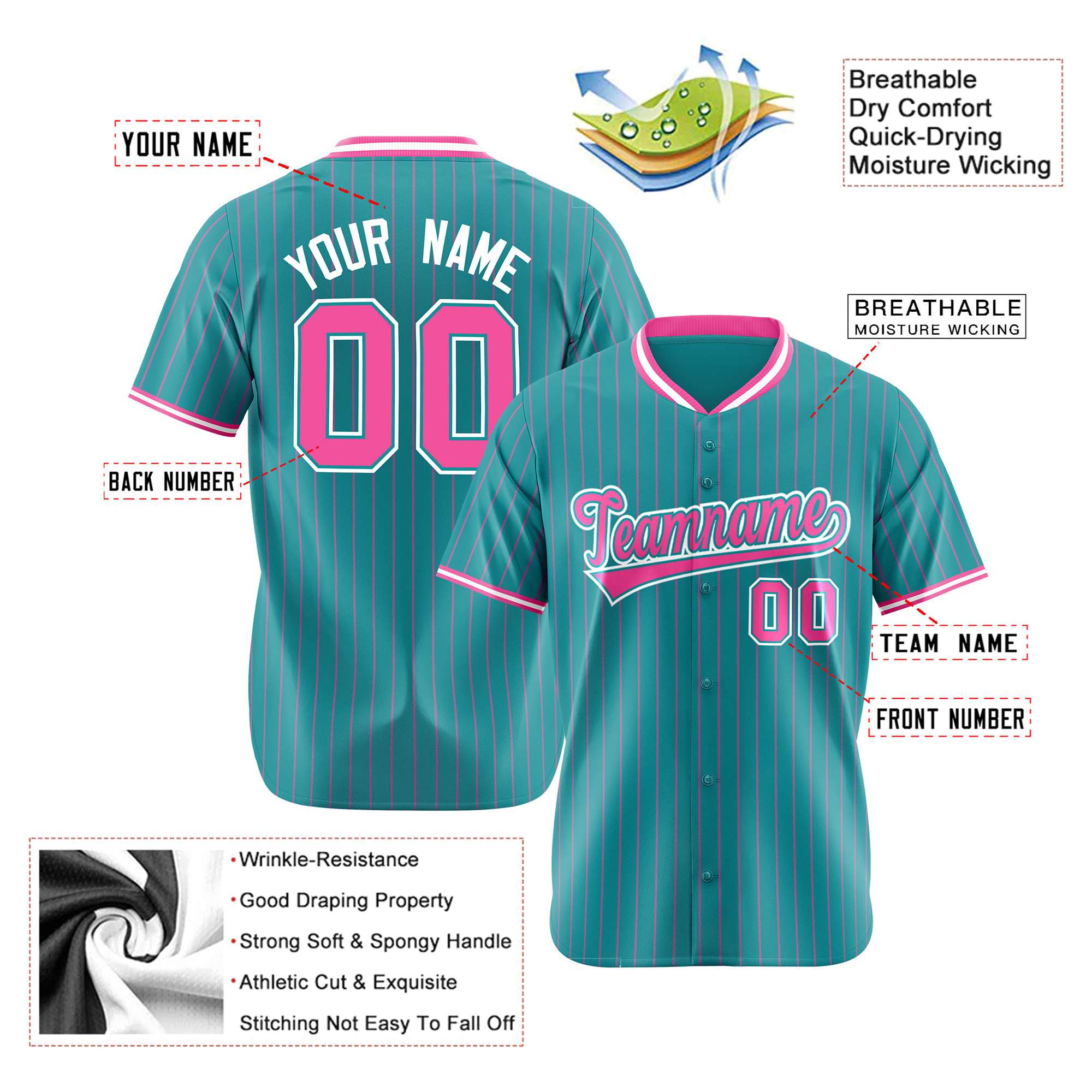 Custom Aqua Pink Pinstripe Pink-White Authentic Baseball Jersey