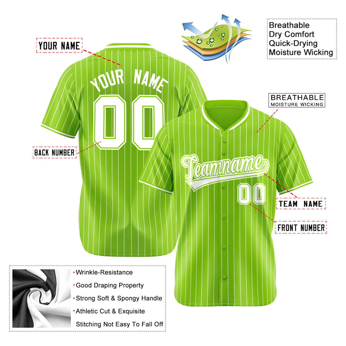 Custom Neon Green White Pinstripe White Neon-Green Authentic Baseball Jersey